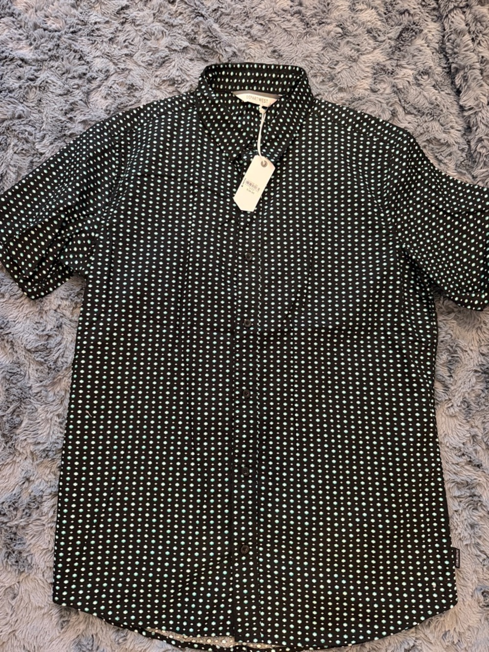 Buckle Black Short-Sleeve Button-Up Shirt with White Dot Print